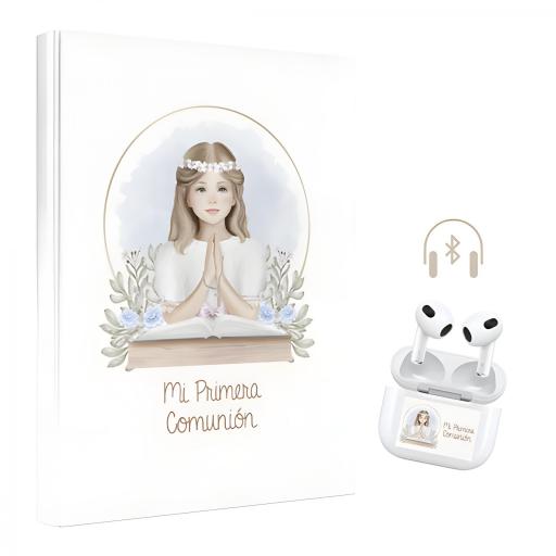 LIBRO DE FIRMAS Y ALBÚM DE FOTOS NIÑA ORLA 26 PRIMERA COMUNIÓN, CON AURICULARES INALÁMBRICOS DE REGALO