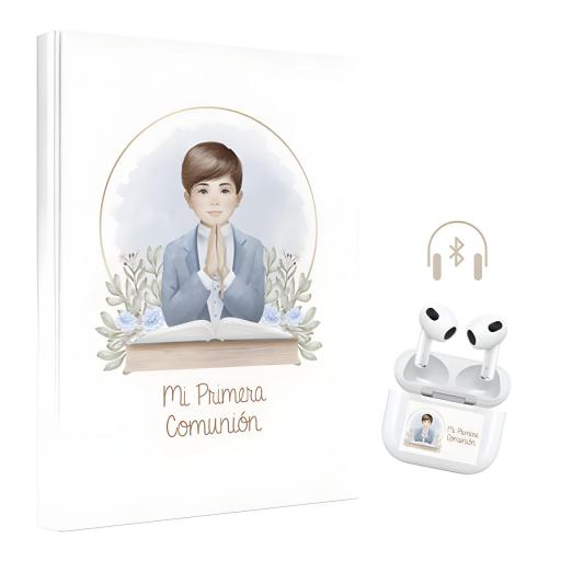 LIBRO DE FIRMAS Y ALBÚM DE FOTOS NIÑO ORLA 26 PRIMERA COMUNIÓN, CON AURICULARES INALÁMBRICOS DE REGALO