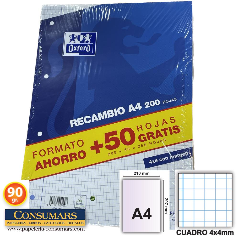 RECAMBIO OXFORD A4 CUADRO 4X4 90GRS. 4 TALADROS 200 + 50 HOJAS. CUADRÍCULA