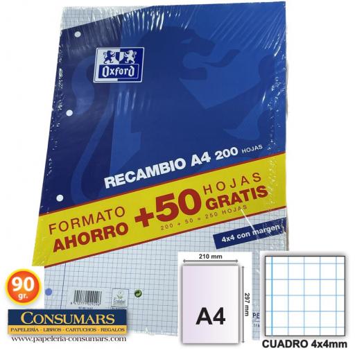 RECAMBIO OXFORD A4 CUADRO 4X4 90GRS. 4 TALADROS 200 + 50 HOJAS. CUADRÍCULA