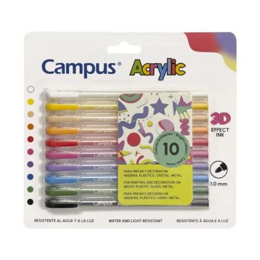 10 BOLÍGRAFOS/ROTULADORES ACRÍLICOS CAMPUS ACRYLIC. EFECTO 3D. PUNTA BOLIGRAFO