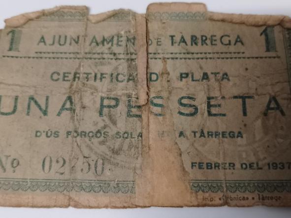 AJUNTAMENT DE TARREGA - 1 PESETA - Nº 02750 - 1937 - 