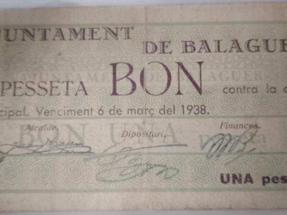 BILETE AYUNTAMENT DE BALAGUER - 1 PESETA - 1938 -  [1]