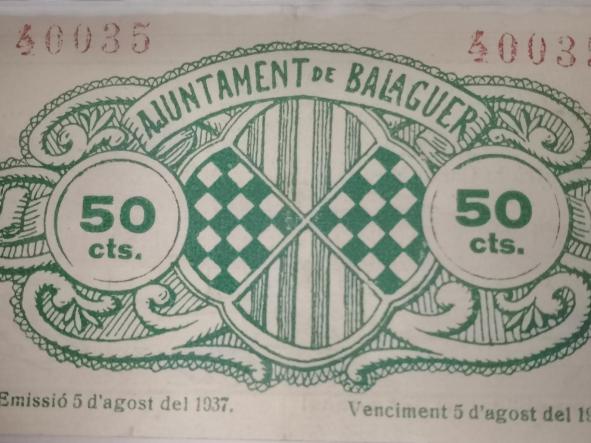 BILLETE AYUNTAMENT DE BALAGUER - 50 CTS - 1937 -