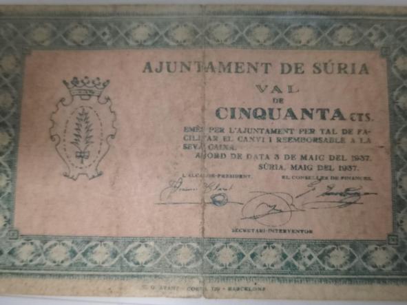 BILLETE AYUNTAMIENTO DE SÚRIA - 0,50 CENTS 