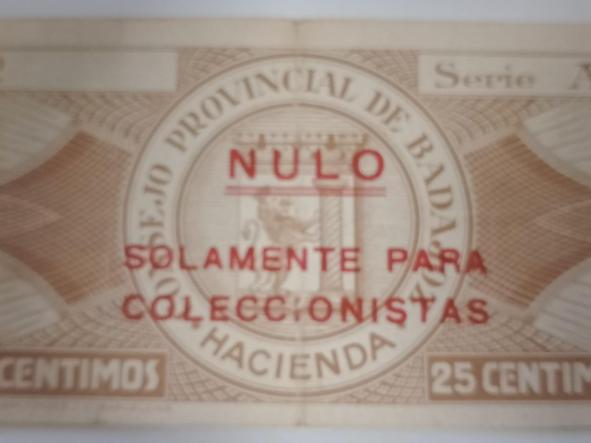 BILLETE CONSEJO MUNICIPAL DE BADAJOZ - 25 CENTIMOS - SERIE A - 1937  [1]