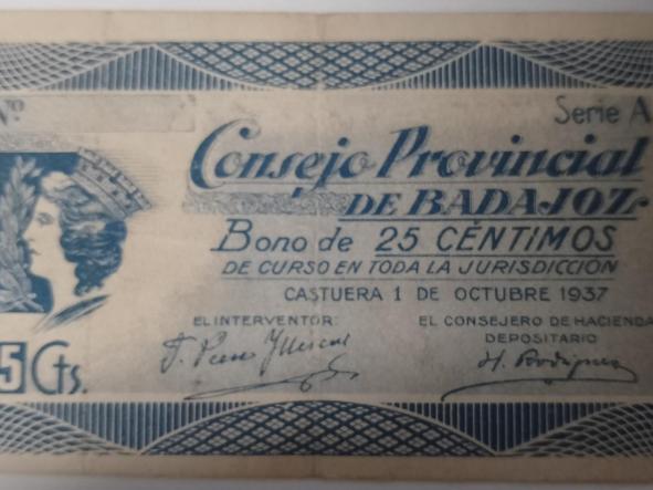 BILLETE CONSEJO MUNICIPAL DE BADAJOZ - 25 CENTIMOS - SERIE A - 1937  [0]