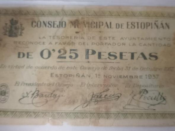 BILLETE CONSEJO MUNICIPAL DE ESTOPIÑAN - 0,25 PESETAS - 1937 