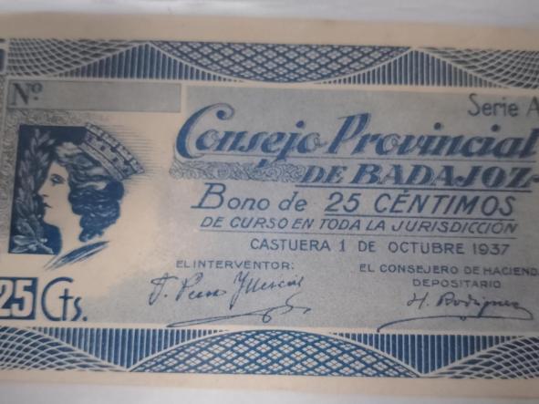 BILLETE CONSEJO  PROVINCIAL DE BADAJOZ - BONO DE 25 CTS - 1937 - 