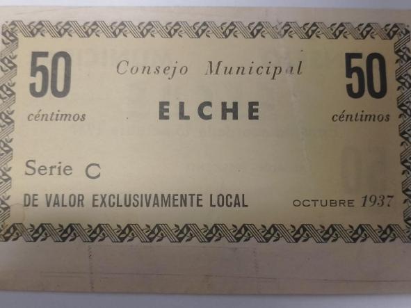 BILLETE DE CONSEJO MUNICIPAL DE ELCHE - 50 CENTIMOS - 1937 -  [1]