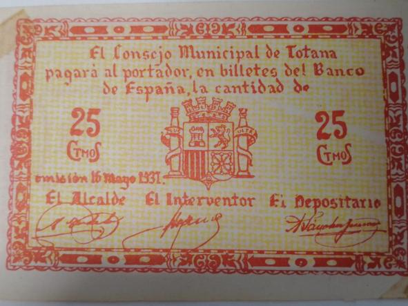 BILLETE DEL CONSEJO MUNICIPAL DE TOTANA - 1937 - 25 CTS - 