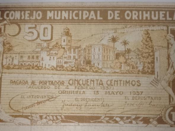 BILLETE DE 50 CENTIMOS DEL CONSEJO MUNICIPAL DE ORIHUELA (ALICANTE)  [0]