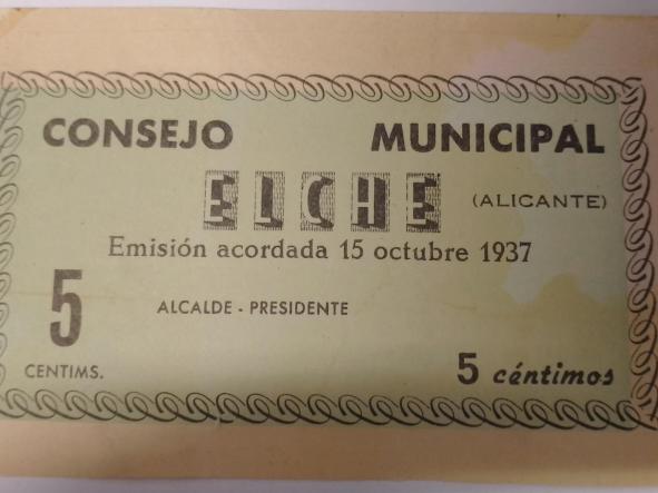 BILLLETE CONSEJO MUNICIPAL DE ELCHE - 5 CTS - 1937 -