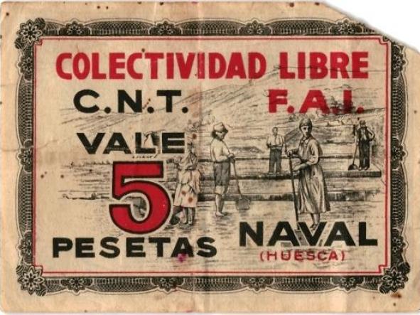 CNT FAI NAVAL (HUESCA ) COLECTIVIDAD LIBRE BILLETE VALE 5 centimos