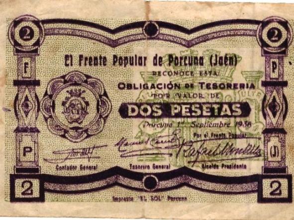 Billete local de Dos Pesetas .El Frente Popular de Porcuna ( Jaen ) [0]