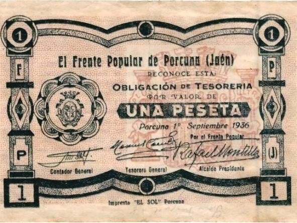 Billete local de una peseta del Frente Popular de Porcuna ( Jaen )