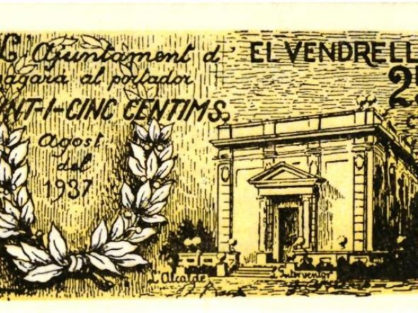 BILLETE DE 25 CENTIMOS DEL AJUNTAMENT DE EL VENDRELL DEL AÑO 1937 PLANCHA