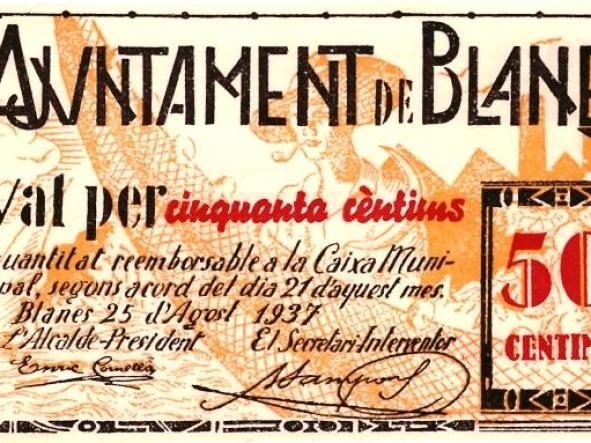 BILLETE GUERRA CIVIL. AJUNTAMENT DE BLANES. 50 CENTIMOS. 1937