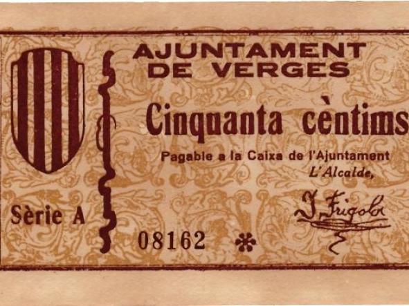 BILLETE LOCAL AJUNTAMENT DE VERGES 50 CTS 1937