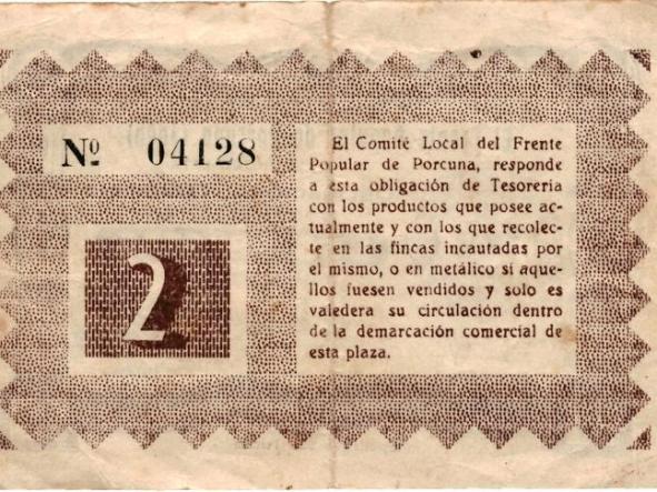 Billete local de Dos Pesetas .El Frente Popular de Porcuna ( Jaen ) [1]