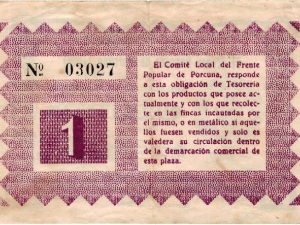 Billete local de una peseta del Frente Popular de Porcuna ( Jaen ) [1]