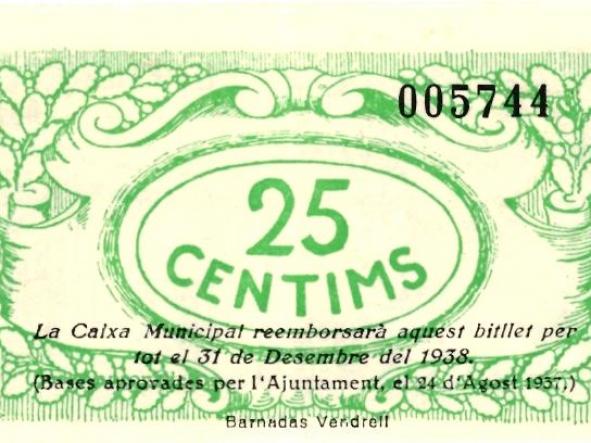 BILLETE DE 25 CENTIMOS DEL AJUNTAMENT DE EL VENDRELL DEL AÑO 1937 PLANCHA [1]