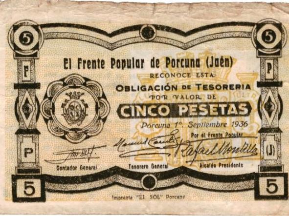 Billete local de cinco pesetas del frente popular de Porcuna ( Jaen )