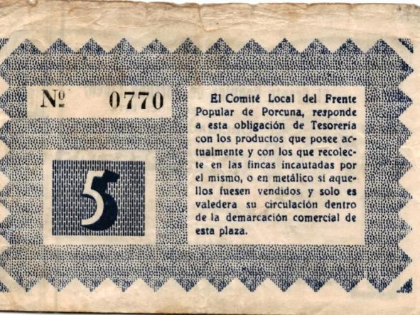 Billete local de cinco pesetas del frente popular de Porcuna ( Jaen ) [1]