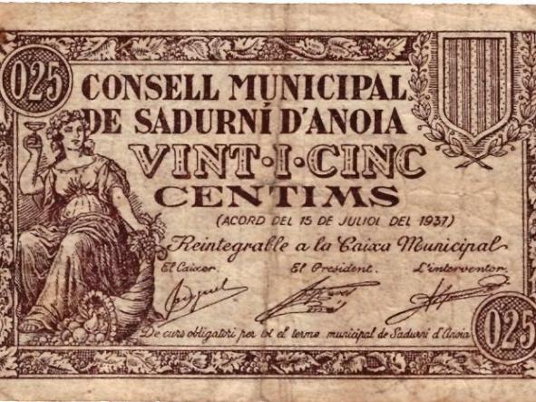 BILLETE CONSELL MUNICIPAL DE SADURNID´ANOIA - 25 CTS - SERIE A - 11430 - [0]