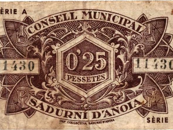 BILLETE CONSELL MUNICIPAL DE SADURNID´ANOIA - 25 CTS - SERIE A - 11430 - [1]