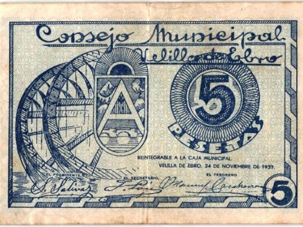 BILLETE CONSEJO MUNICIPAL - VELILLA DE EBRO - SERIE A - Nº 07581 - 5 PESETAS - 