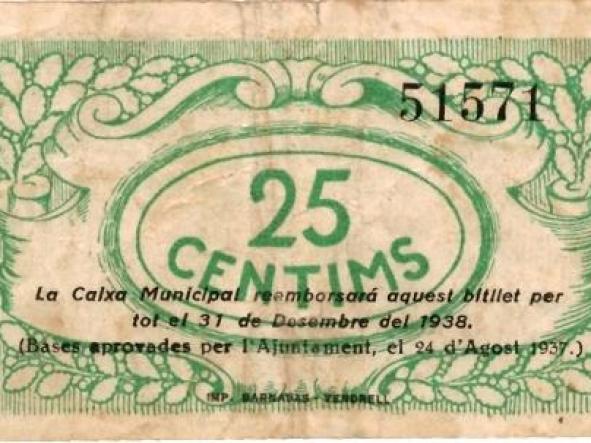 BILLETE L AJUNTAMENT EL VENDRELL - 25 CTS - 1937 - [1]