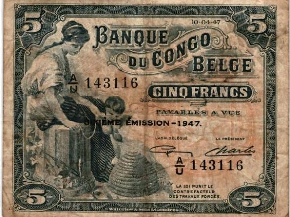 BILLETE BANQUE DU CONGO BELGE CINQ FRANCS - A-U- 143116 