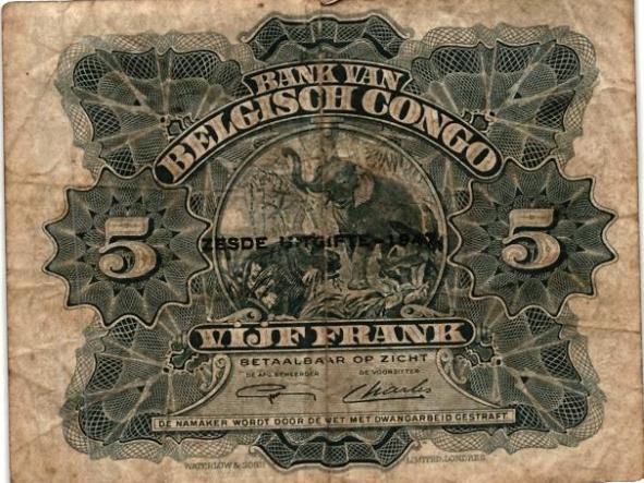 BILLETE BANQUE DU CONGO BELGE CINQ FRANCS - A-U- 143116  [1]