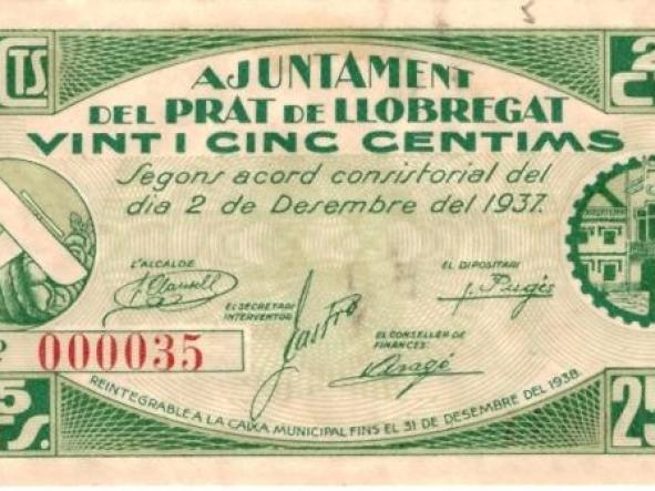 AJUNTAMENT DEL PRAT DE LLOBREGAT VINTI CINC CENTIMS - 1937 - 