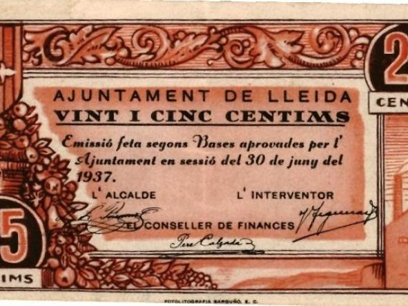 BILLETE AYUNTAMENT DE LLEIDA VINTI I CINC CENTIMS - 25 CTS -