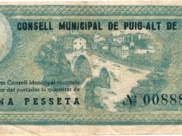 BILLETE CONSELL MUNICIPAL DE PUIG ALT DE TER - UNA PESETA - Nº 008886 -  [0]