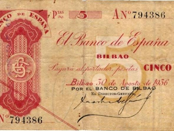 BILLETE BANCO DE ESPAÑA - BILBAO - 5 PESETAS - 1936 - Nº 794386  [0]