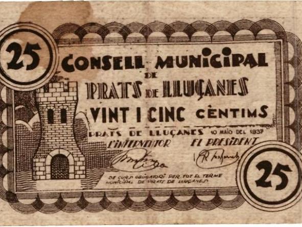 BILLETE CONSELL MUNICIPAL DE PRATS DE LLUCANES - VENTICINC CENTIMS - 25 CTS -  [1]