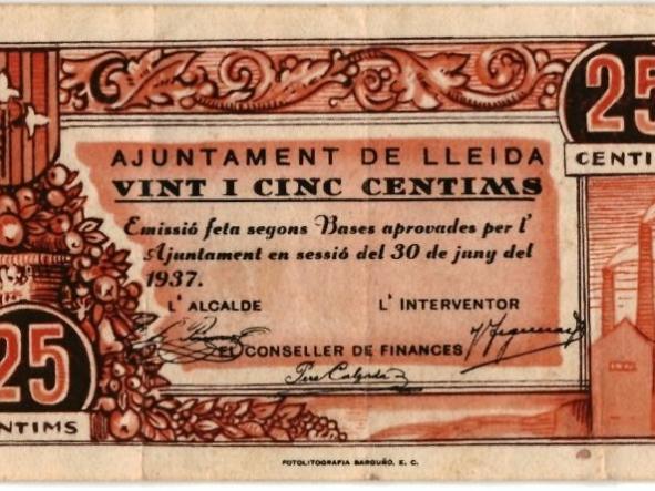 JUNTAMENT DE LLEIDA VINT I CINC CENTIMS - 25 CENTIMS  - Nº 054300 - 1937 - [0]