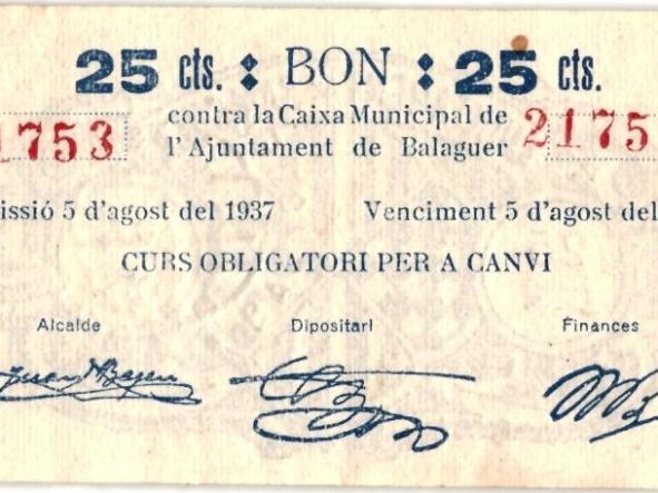 AJUNTAMENT DE BALAGUER - 25 CTS - Nº 21753 - 1938 -  [1]