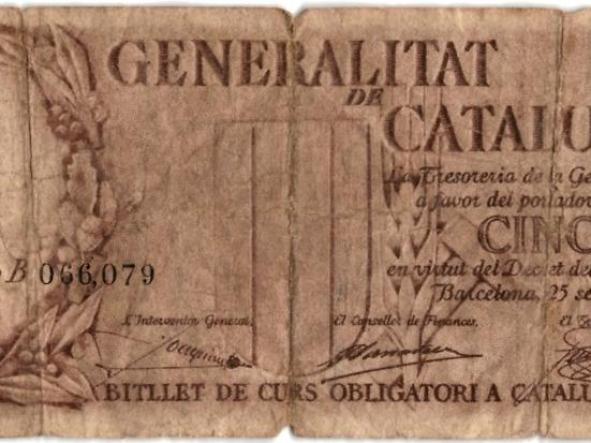 GENERALITAT DE CATALUNYA - CINC PESSETES - SERIE B - 066079 - 1936 - 