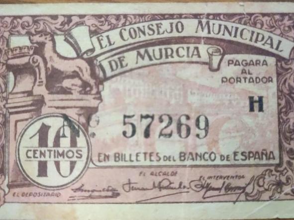 BILLETE DE 10 CENTIMOS DEL CONSEJO MUNICIPAL DE MURCIA DEL AÑO 1937 [1]