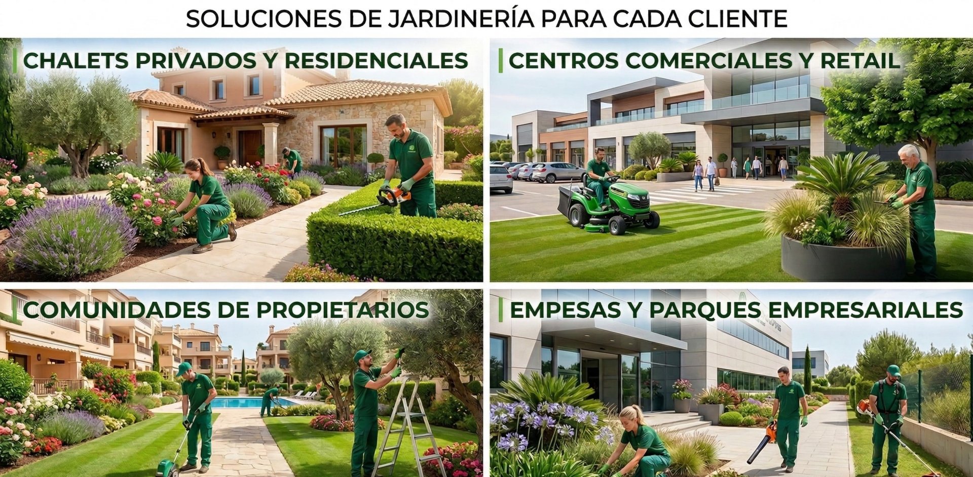 Fotografía de cuadrícula de cuatro paneles con el título Soluciones de Jardinería para cada Cliente, mostrando jardineros profesionales trabajando en chalets privados, centros comerciales modernos, comunidades residenciales con piscinas y parques empresariales