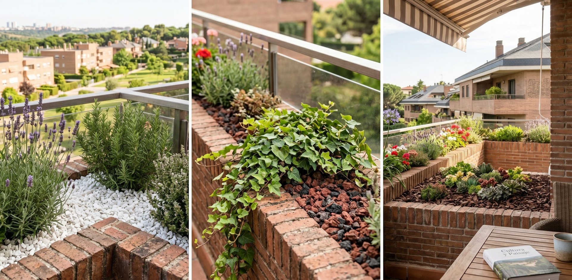 Un conjunto de imágenes que muestran jardineras de terrazas utilizando entre las plantas distintos tipos de áridos decorativos