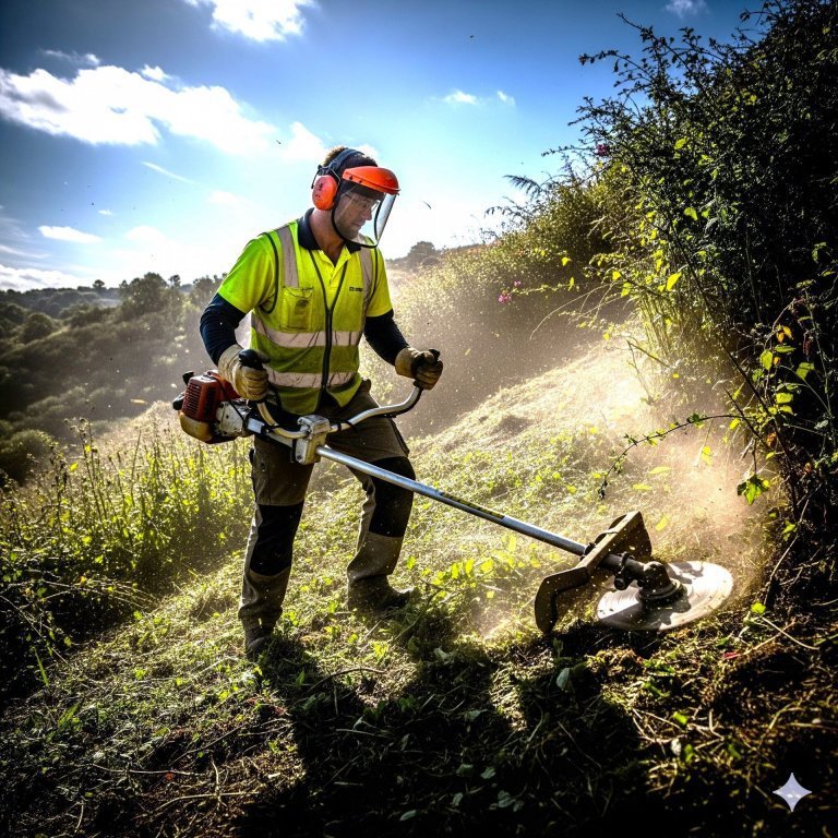 Trabajador de la empresa de jardinería Tecnihabitat desbrozando una parcela en Villanueva de la Cañada