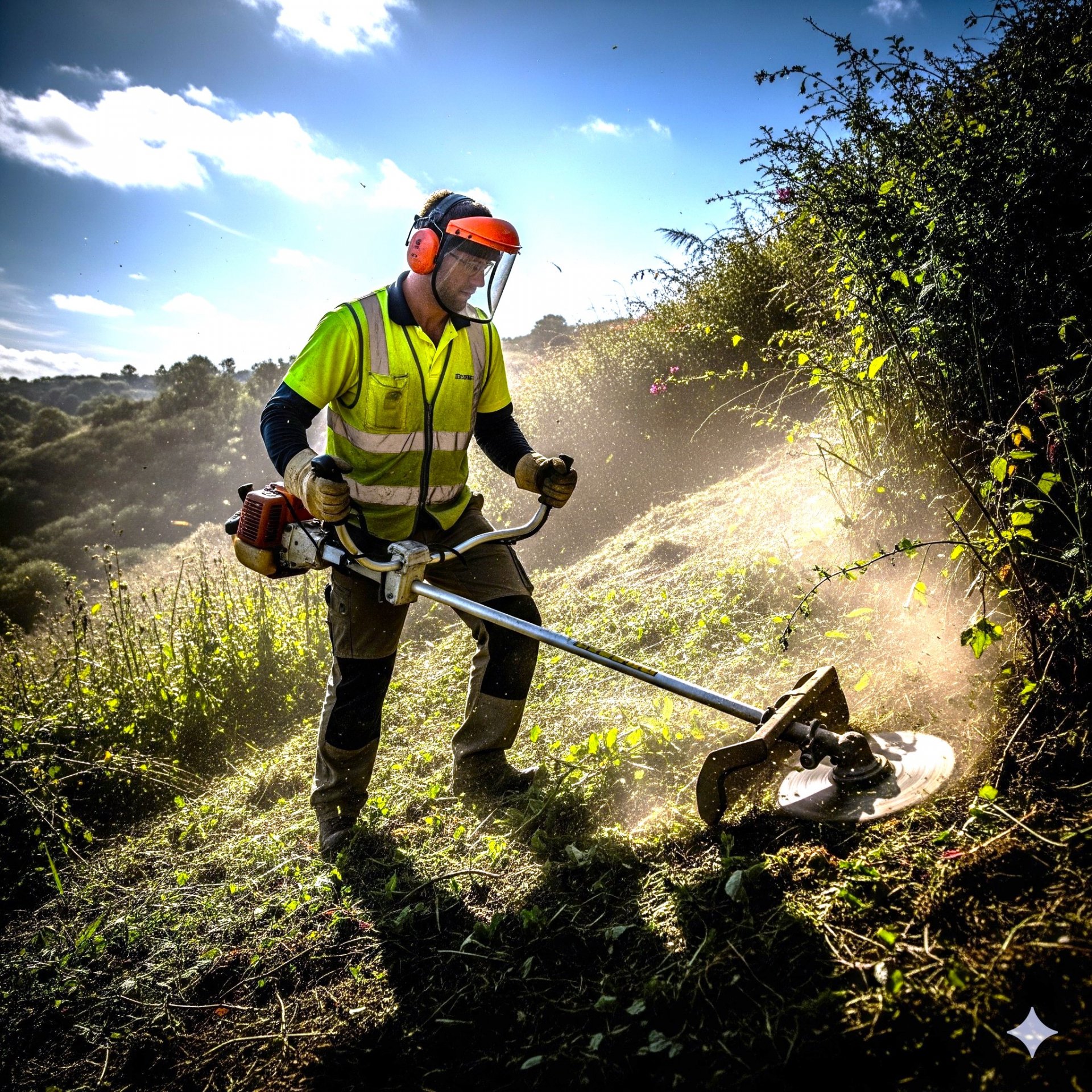Jardinero bien equipado desbrozando un terreno lleno de malas hierbas