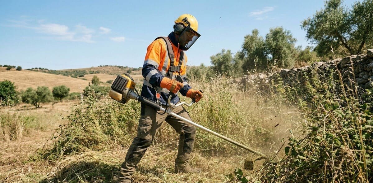 Un operario del servicio de desbroces de Tecnihabitat perfectamento equipado con medios de protección y desbrozadora de última generación