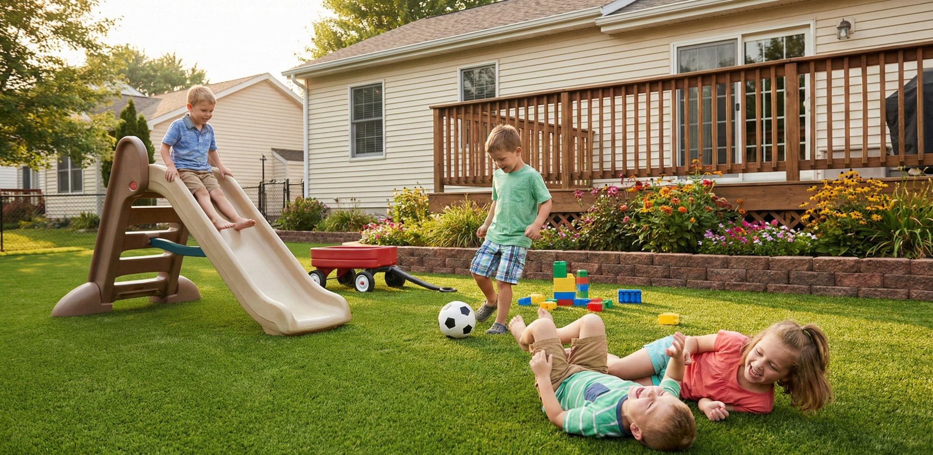 Niños jugando seguros sobre un césped artificial especial para niños