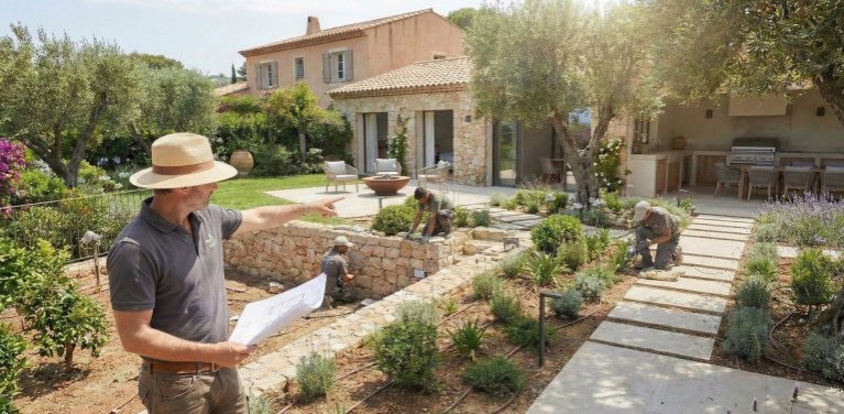 Un jardinero profesional de la empresa de jardinería Tecnihabitat supervisa la obra de un jardín